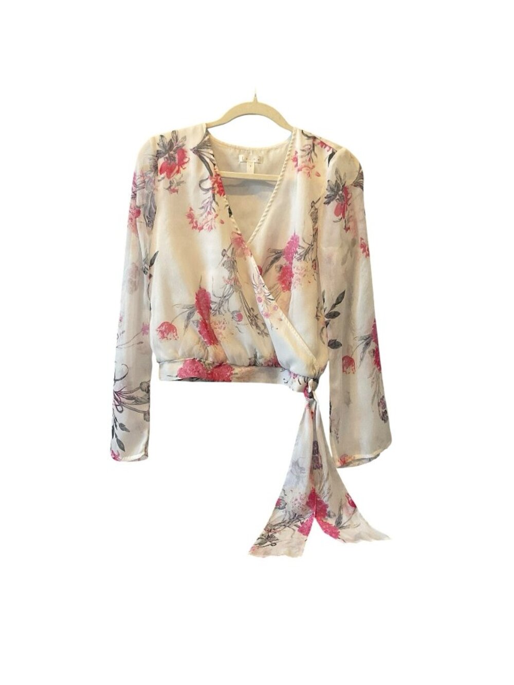 Leith faux wrap blouse, Women's size S, white pink silver floral